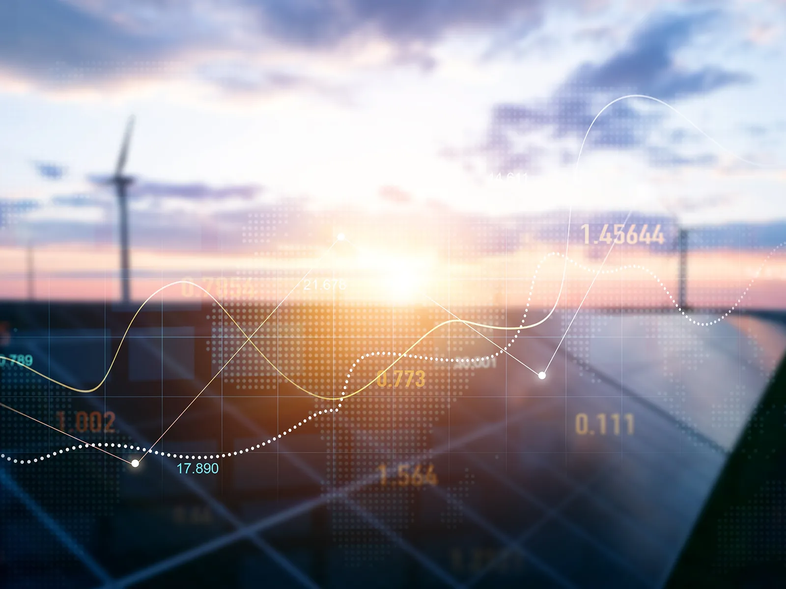 Solar panel and windmill in background with overlay of graph