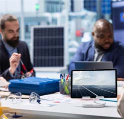 Two men at worktable discussing